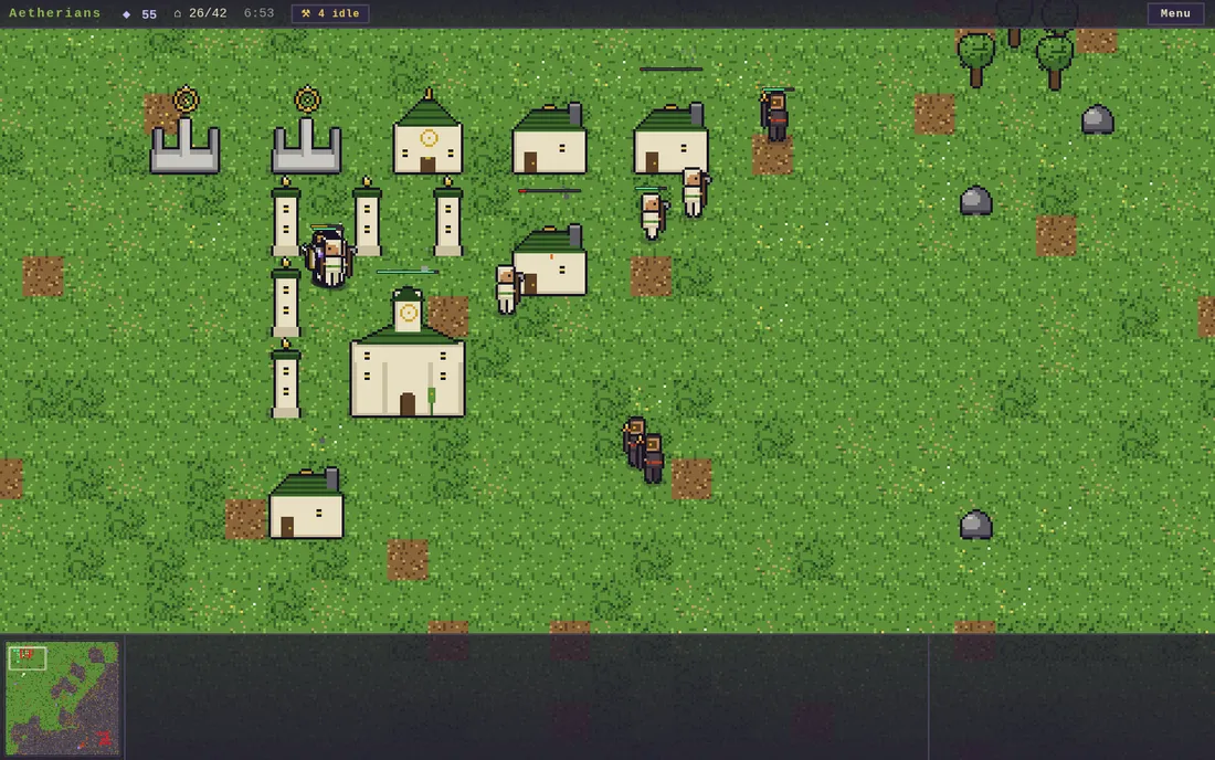 An Aetherian village in Aetheria — cream-and-green buildings, watchtowers flying circumpunct banners, villagers at work