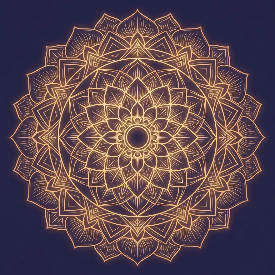 Esotrainer mandala artwork — a golden lotus mandala on deep indigo